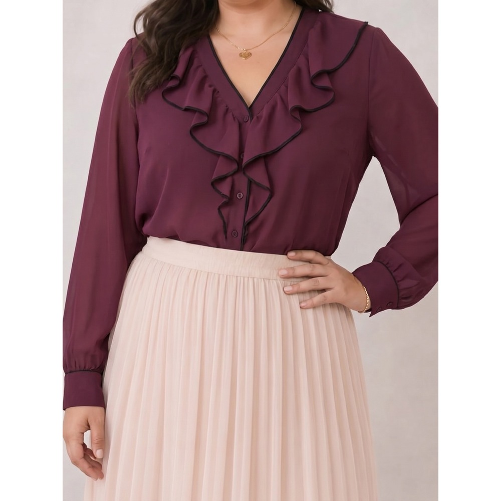 Torrid Wine Burgundy Chiffon Ruffle Trim Button Front Blouse Size 0 New